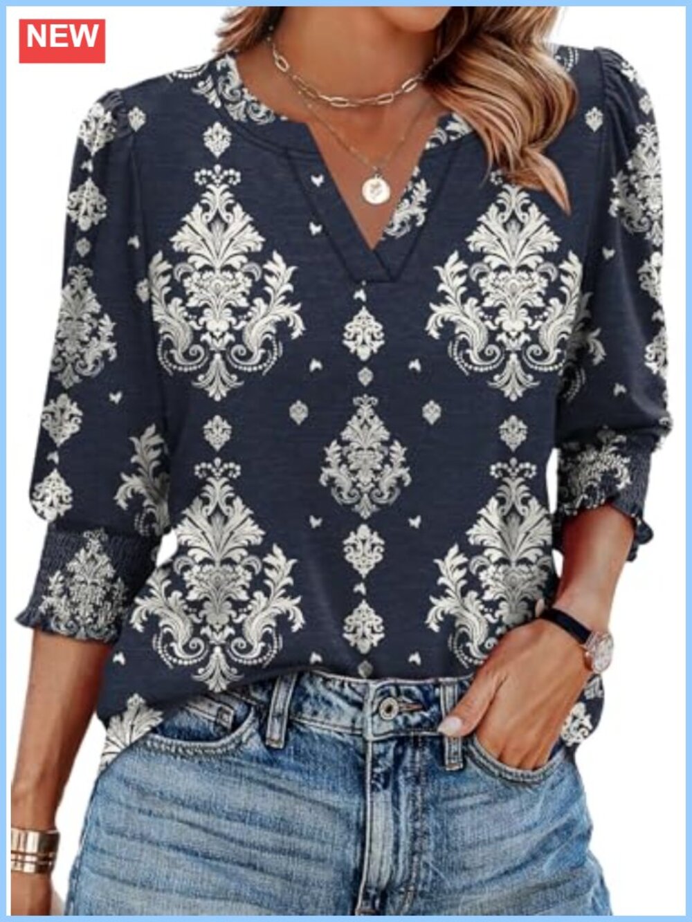 Womens Dressy Casual Blouse 3/4 Sleeve V Neck Smocked Cuff Top